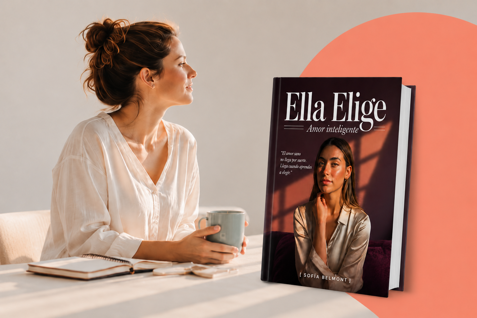 Ella Elige — Amor inteligente, mujer disfrutando un café junto al ebook impreso